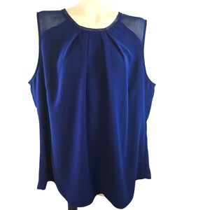 SOFT‎ SURROUNDINGS Sheer Shoulder  Pleated Round Neck Sleeveless Blouse Navy  2X